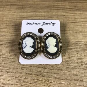 Vintage Cameo Oval  Rhinestone Earrings with Gold and Black Accents